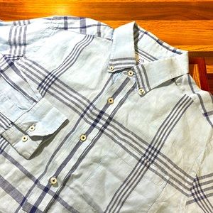 Southern Tide mens M Medium blue plaid 100% linen button up oxford shirt EUC